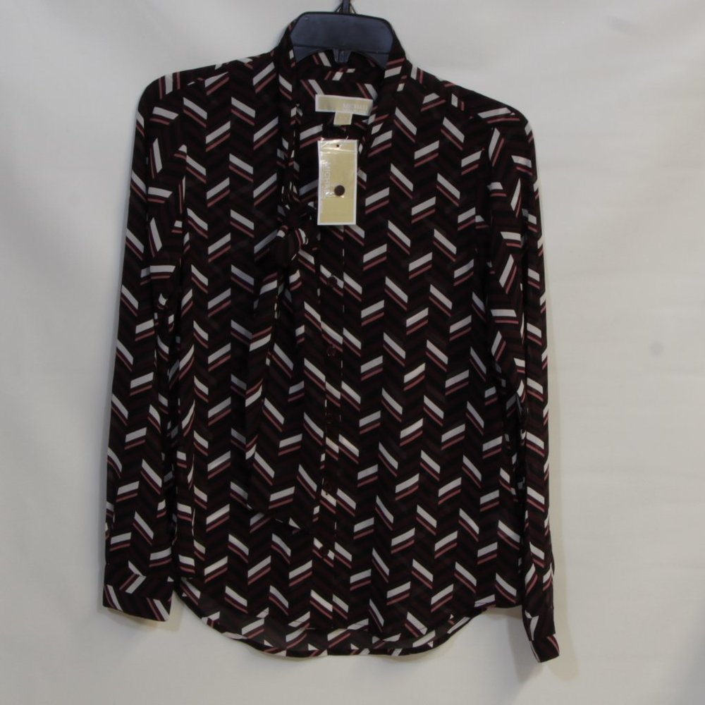 MICHAEL Michael Kors Women's Brown Chevron Georgette Tie-Neck Blouse Size Small